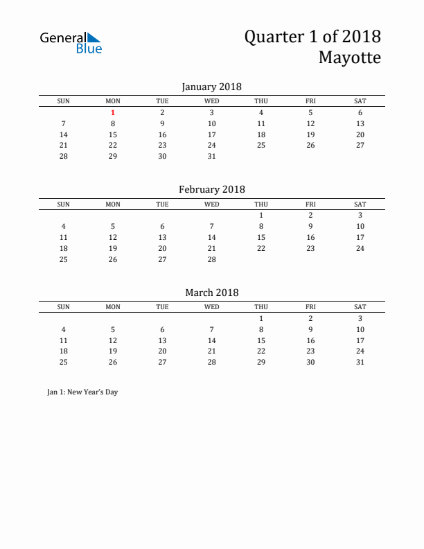 Quarter 1 2018 Mayotte Quarterly Calendar