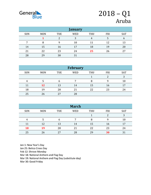  Three-Month Planner for Q1 2018 with Holidays