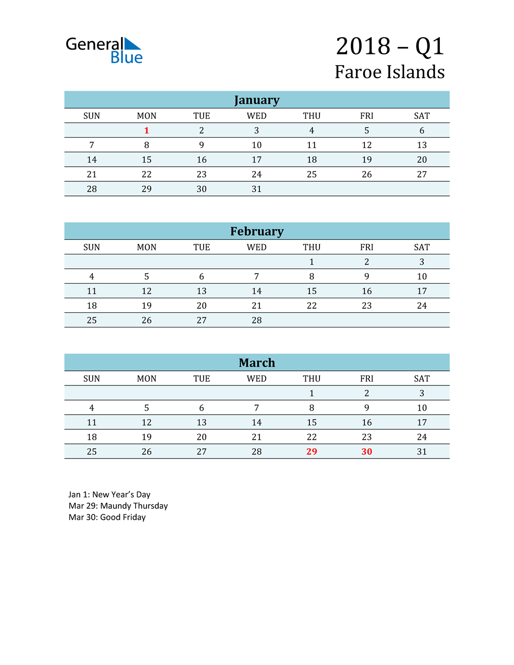  Three-Month Planner for Q1 2018 with Holidays