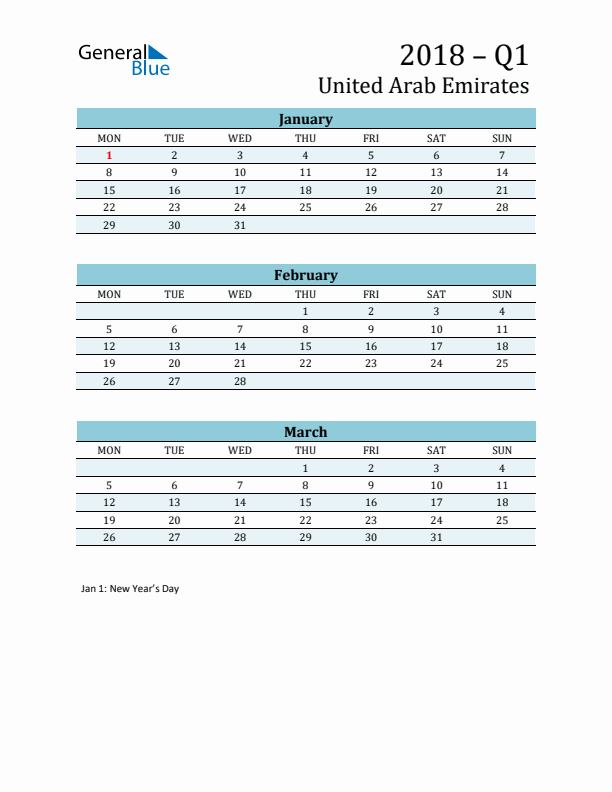 Three-Month Planner for Q1 2018 with Holidays - United Arab Emirates