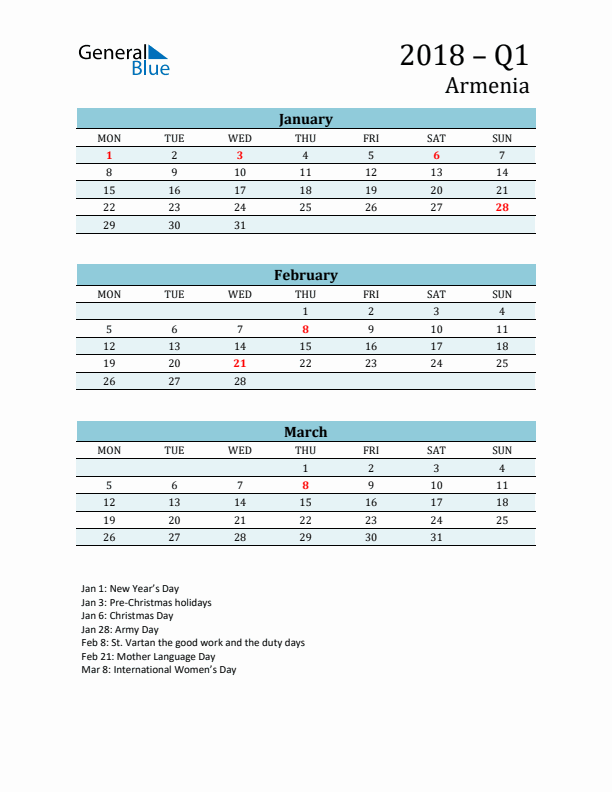 Three-Month Planner for Q1 2018 with Holidays - Armenia