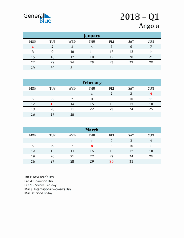 Three-Month Planner for Q1 2018 with Holidays - Angola
