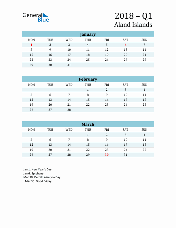 Three-Month Planner for Q1 2018 with Holidays - Aland Islands
