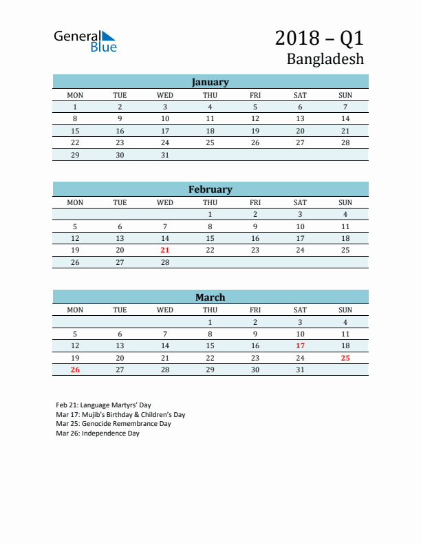 Three-Month Planner for Q1 2018 with Holidays - Bangladesh