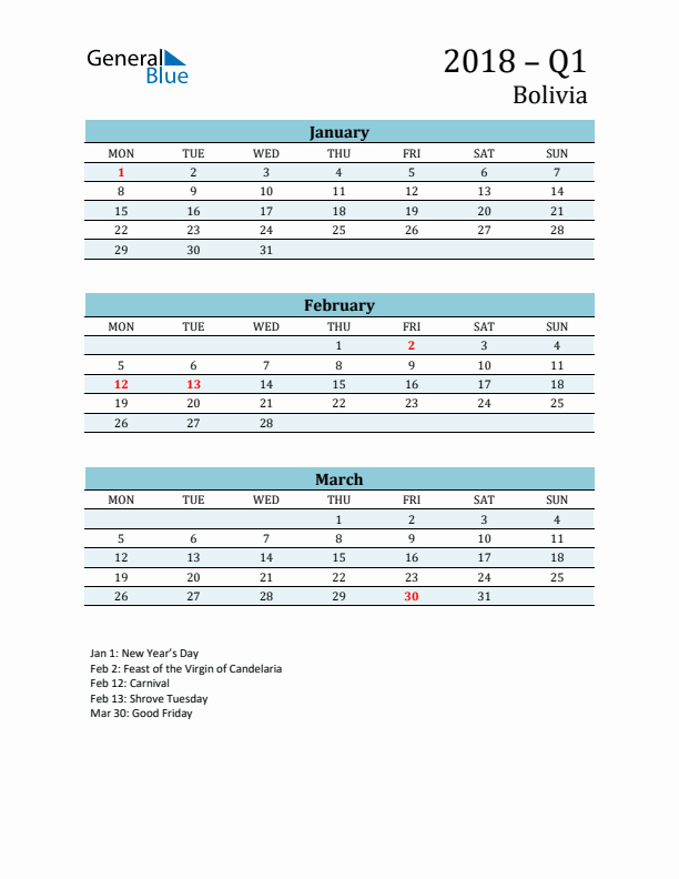 Three-Month Planner for Q1 2018 with Holidays - Bolivia