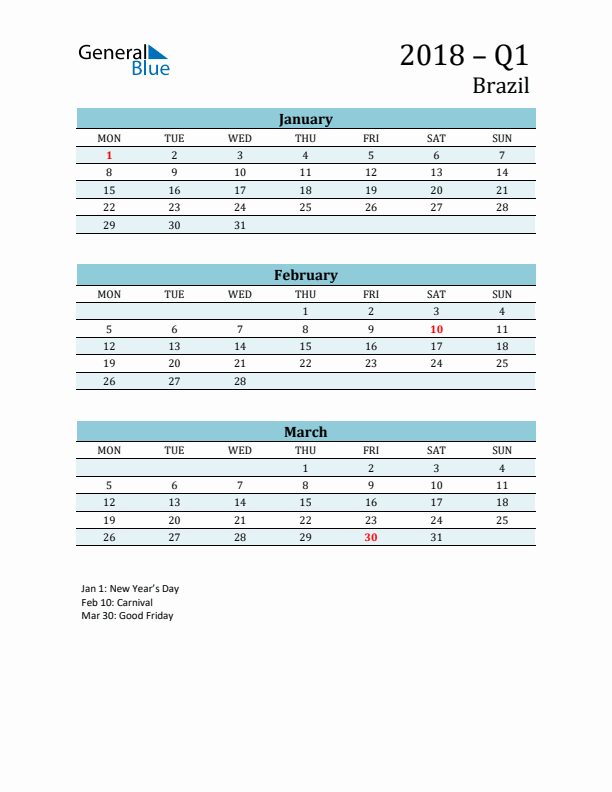 Three-Month Planner for Q1 2018 with Holidays - Brazil