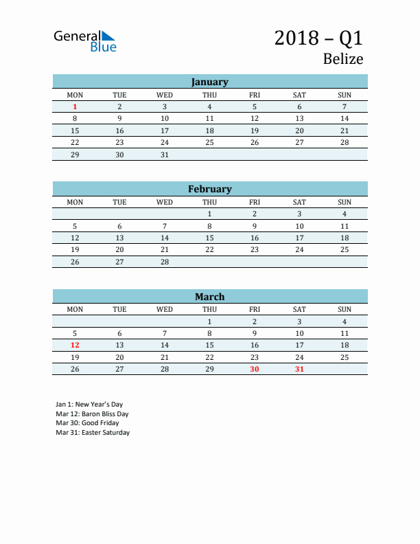 Three-Month Planner for Q1 2018 with Holidays - Belize