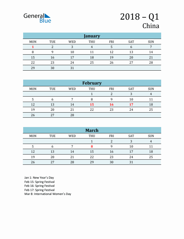 Three-Month Planner for Q1 2018 with Holidays - China