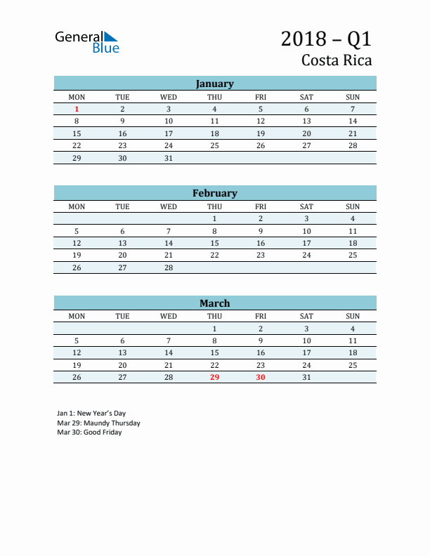 Three-Month Planner for Q1 2018 with Holidays - Costa Rica