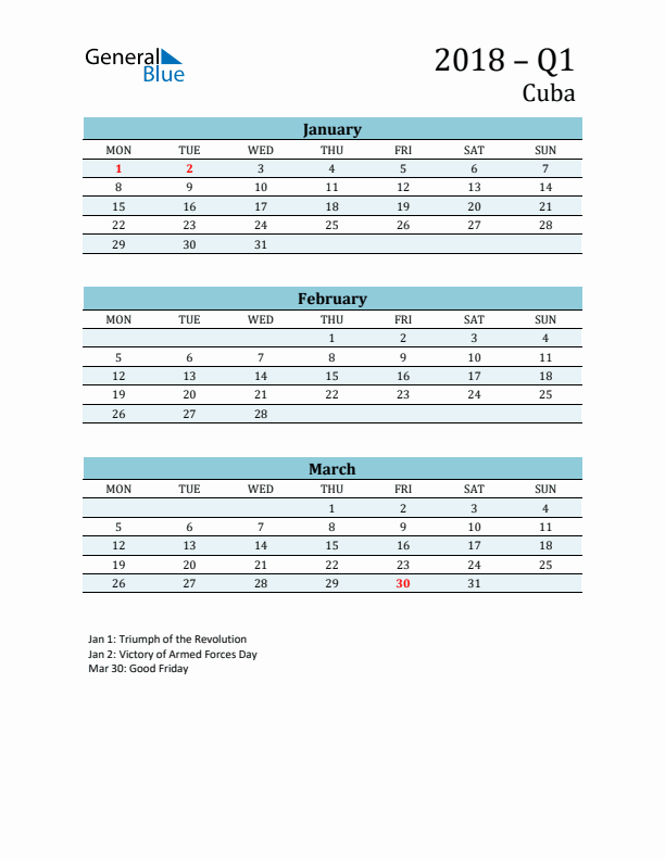 Three-Month Planner for Q1 2018 with Holidays - Cuba