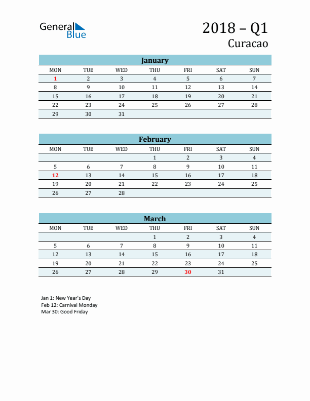 Three-Month Planner for Q1 2018 with Holidays - Curacao