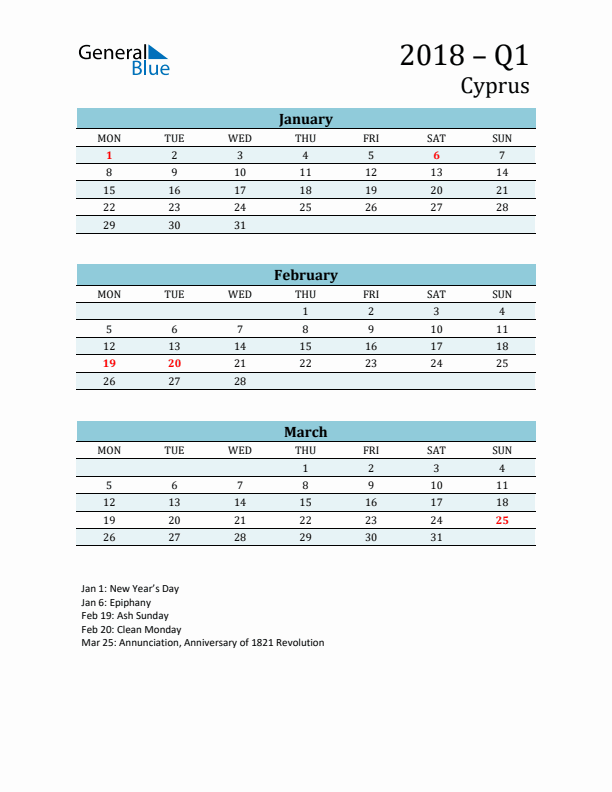 Three-Month Planner for Q1 2018 with Holidays - Cyprus