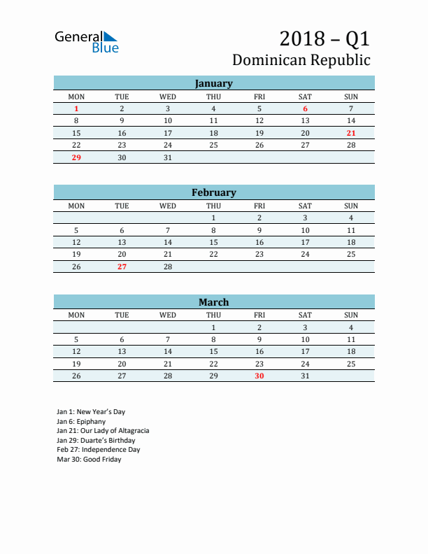 Three-Month Planner for Q1 2018 with Holidays - Dominican Republic