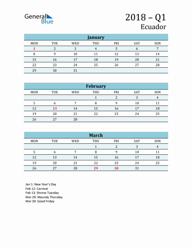 Three-Month Planner for Q1 2018 with Holidays - Ecuador