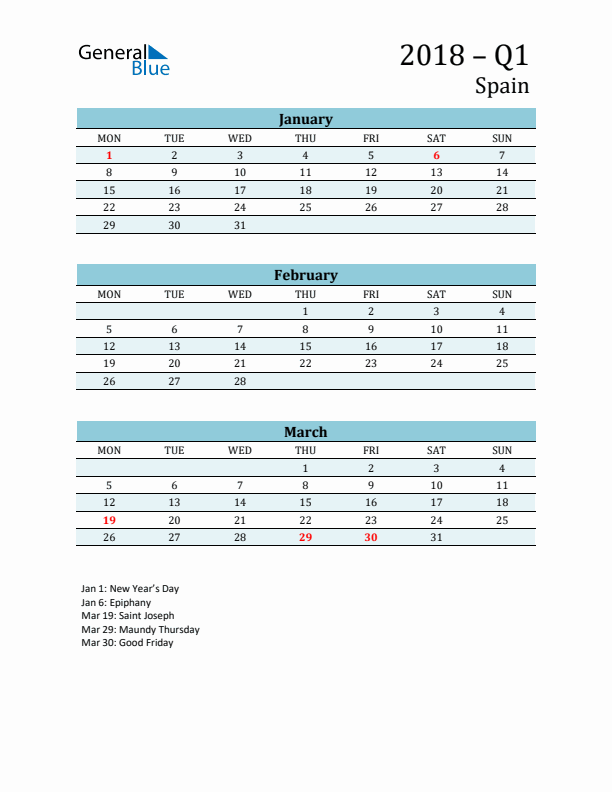 Three-Month Planner for Q1 2018 with Holidays - Spain