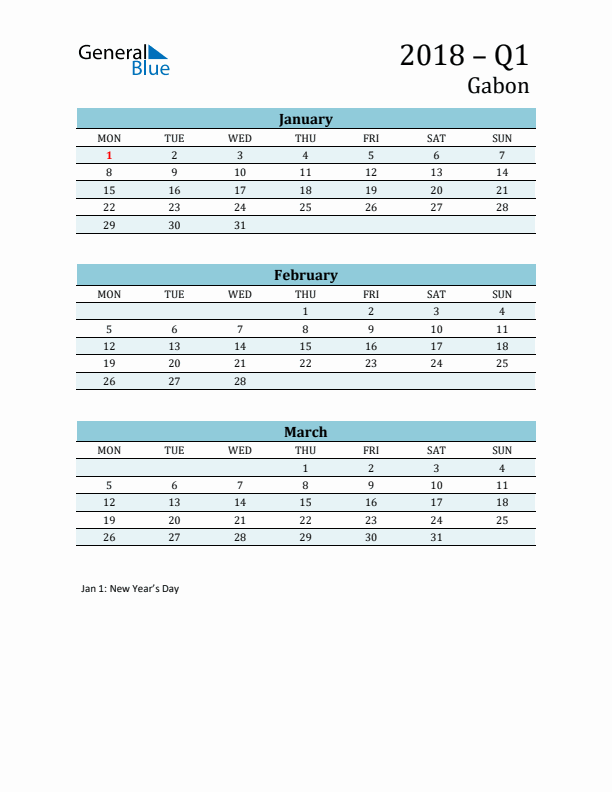 Three-Month Planner for Q1 2018 with Holidays - Gabon