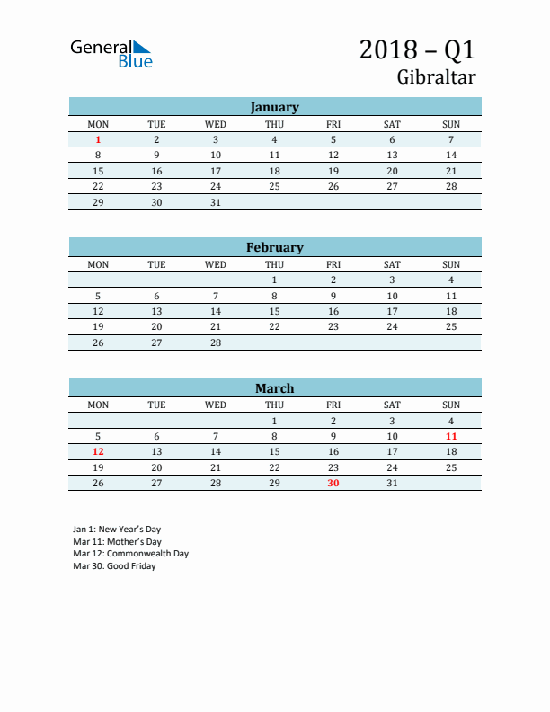 Three-Month Planner for Q1 2018 with Holidays - Gibraltar