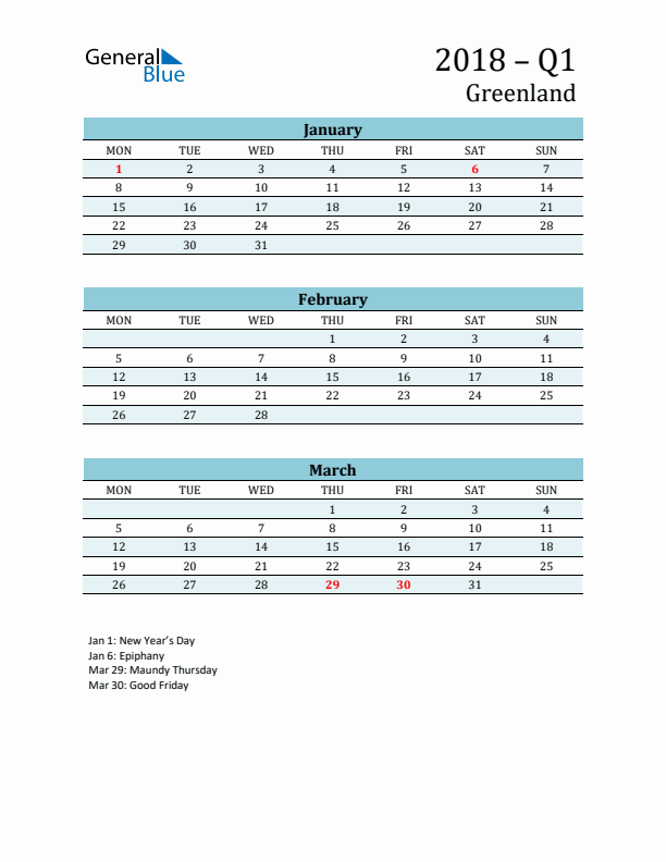 Three-Month Planner for Q1 2018 with Holidays - Greenland