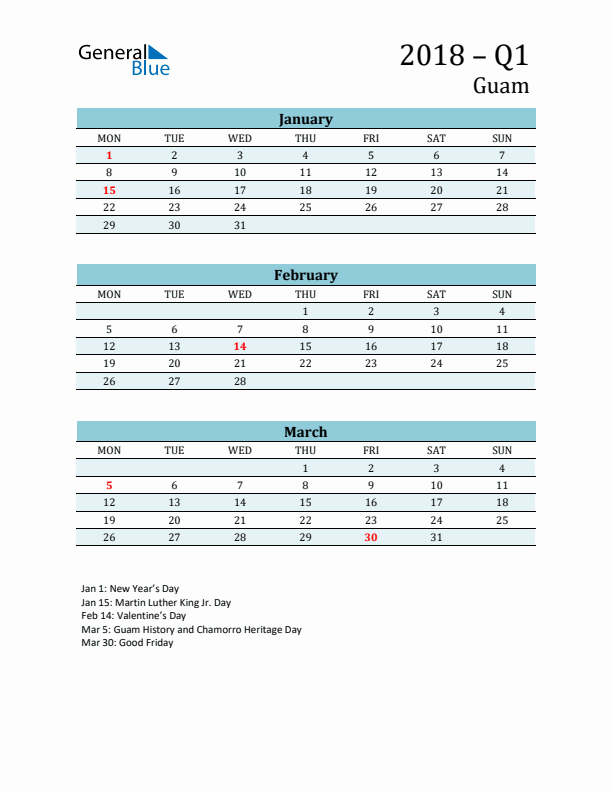 Three-Month Planner for Q1 2018 with Holidays - Guam