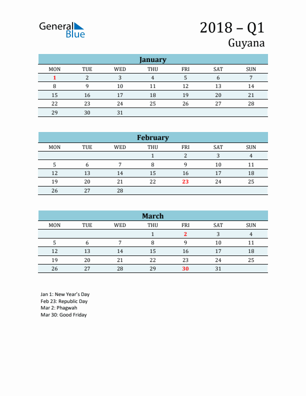 Three-Month Planner for Q1 2018 with Holidays - Guyana
