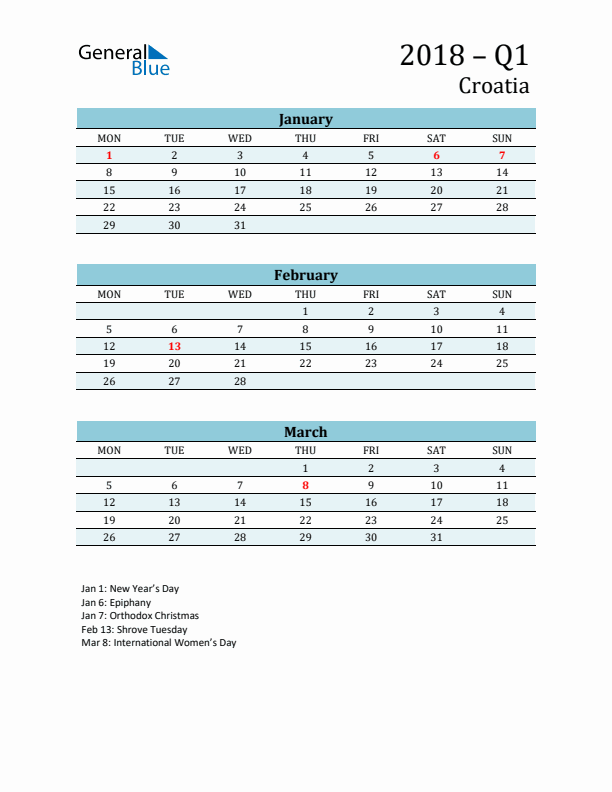 Three-Month Planner for Q1 2018 with Holidays - Croatia