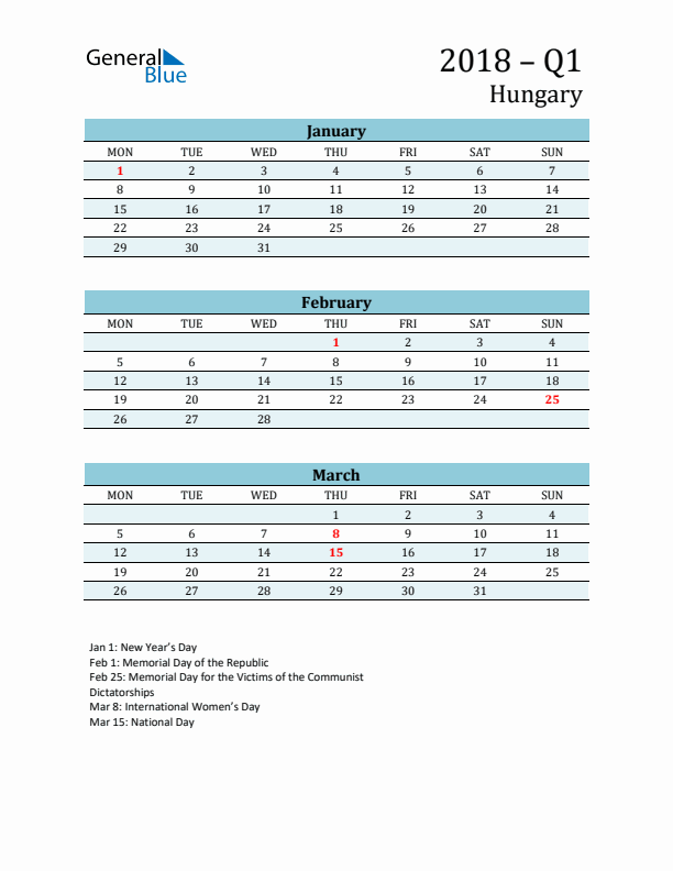 Three-Month Planner for Q1 2018 with Holidays - Hungary