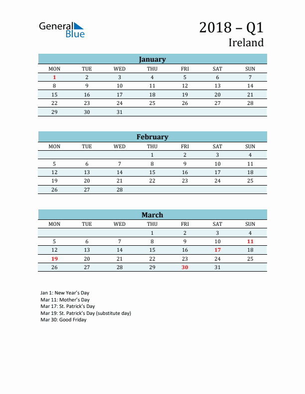 Three-Month Planner for Q1 2018 with Holidays - Ireland