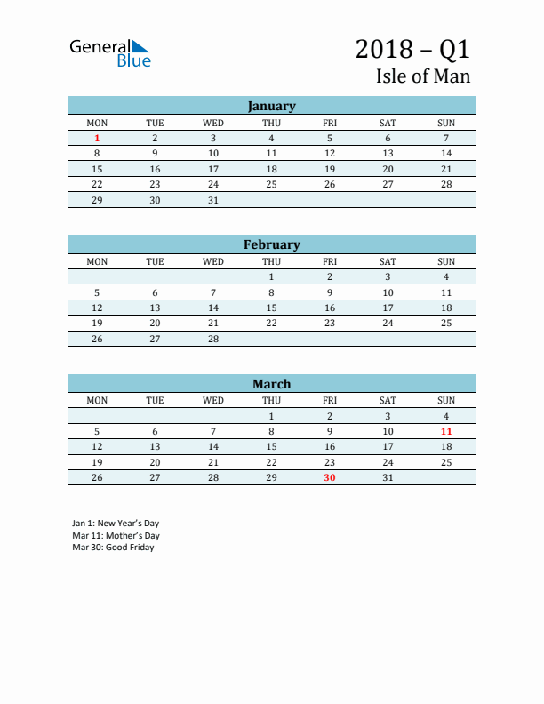 Three-Month Planner for Q1 2018 with Holidays - Isle of Man