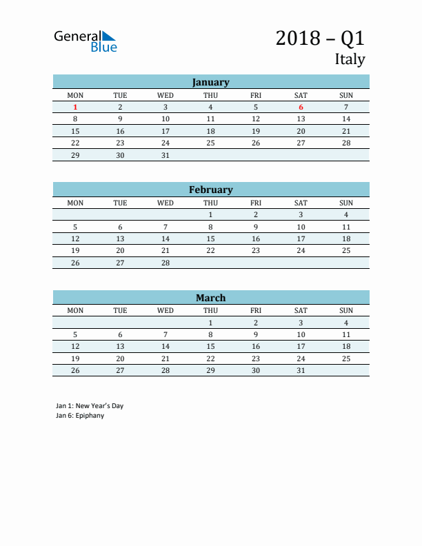 Three-Month Planner for Q1 2018 with Holidays - Italy