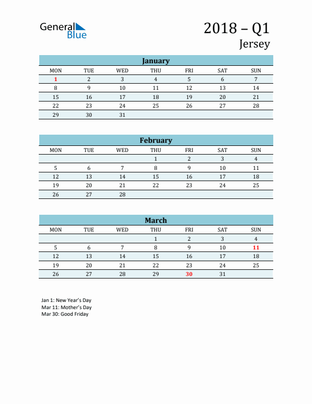 Three-Month Planner for Q1 2018 with Holidays - Jersey