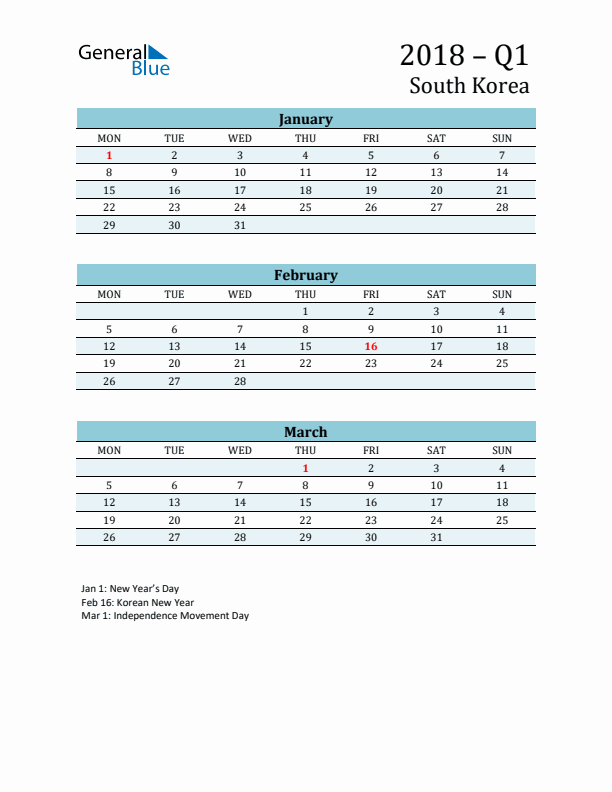 Three-Month Planner for Q1 2018 with Holidays - South Korea