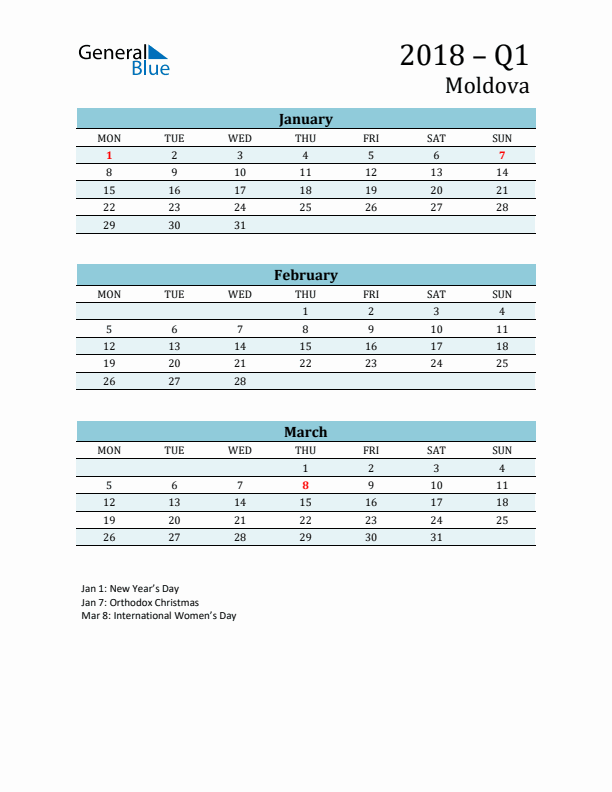 Three-Month Planner for Q1 2018 with Holidays - Moldova