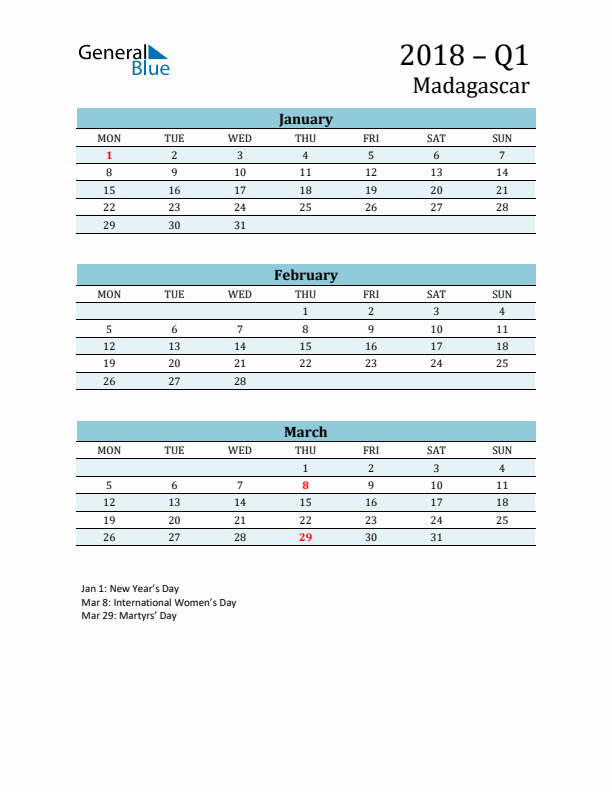 Three-Month Planner for Q1 2018 with Holidays - Madagascar