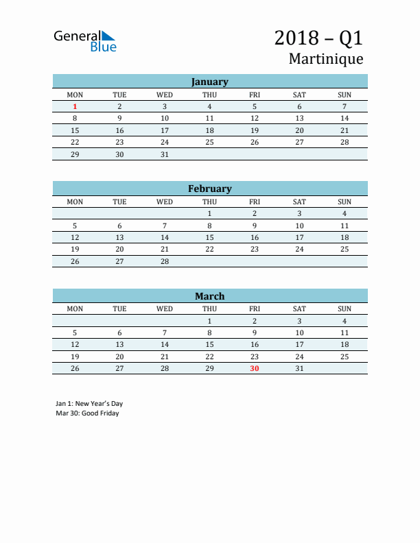 Three-Month Planner for Q1 2018 with Holidays - Martinique