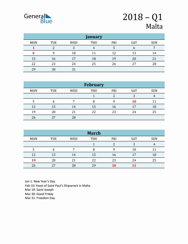 Three-Month Planner for Q1 2018 with Holidays - Malta