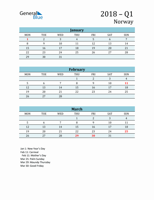 Three-Month Planner for Q1 2018 with Holidays - Norway