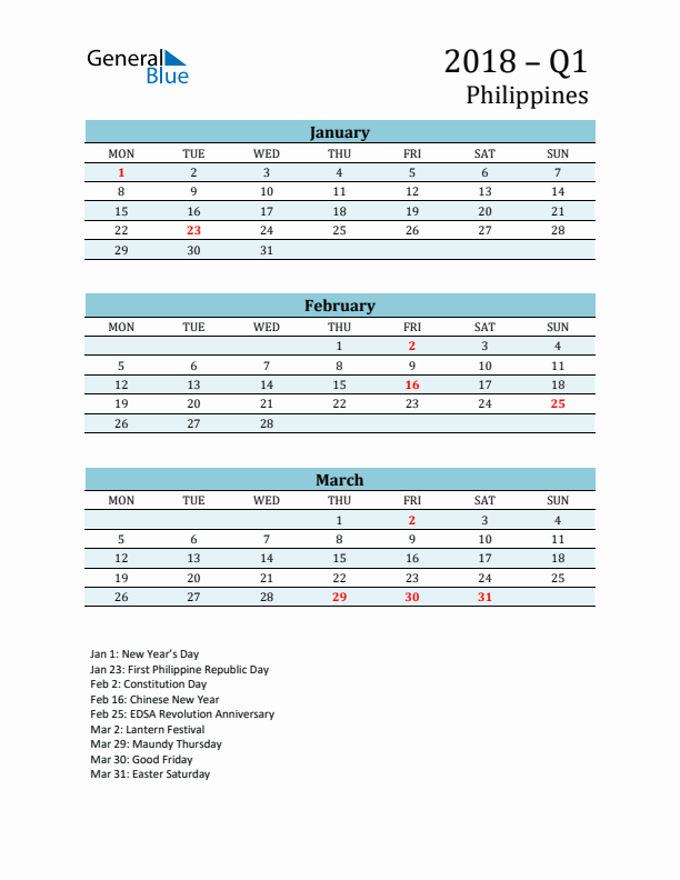 Three-Month Planner for Q1 2018 with Holidays - Philippines