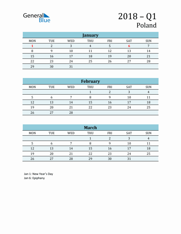 Three-Month Planner for Q1 2018 with Holidays - Poland