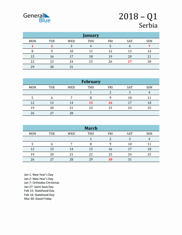 Three-Month Planner for Q1 2018 with Holidays - Serbia