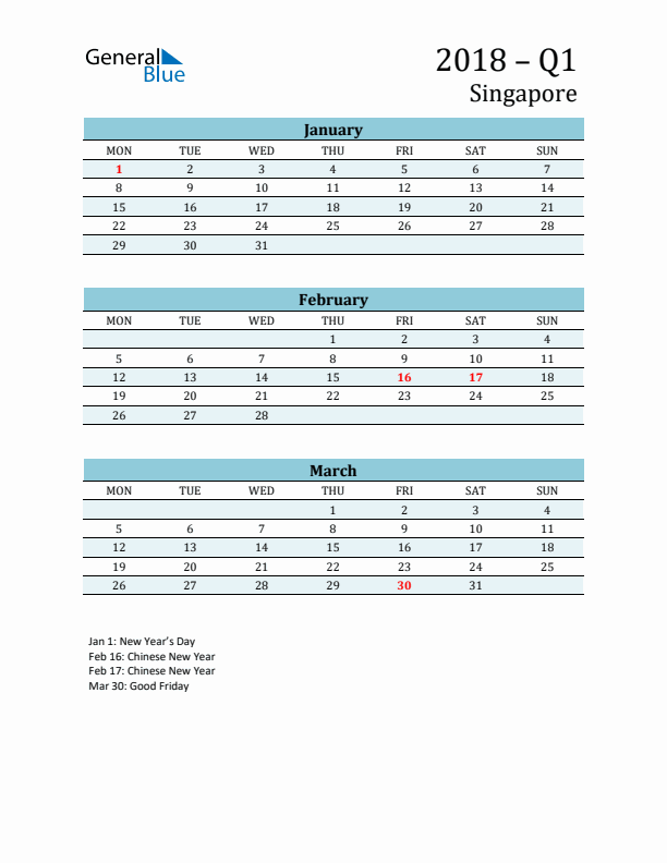 Three-Month Planner for Q1 2018 with Holidays - Singapore