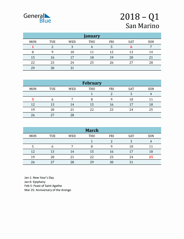 Three-Month Planner for Q1 2018 with Holidays - San Marino