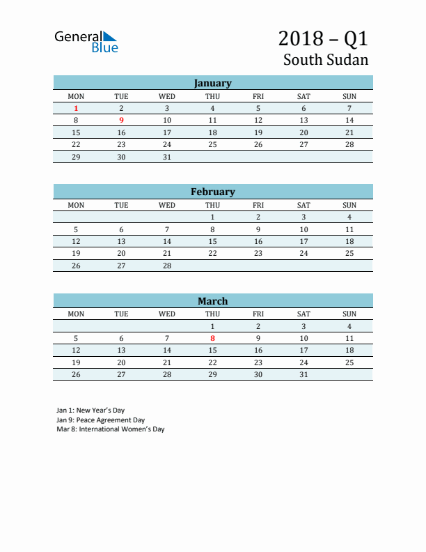 Three-Month Planner for Q1 2018 with Holidays - South Sudan