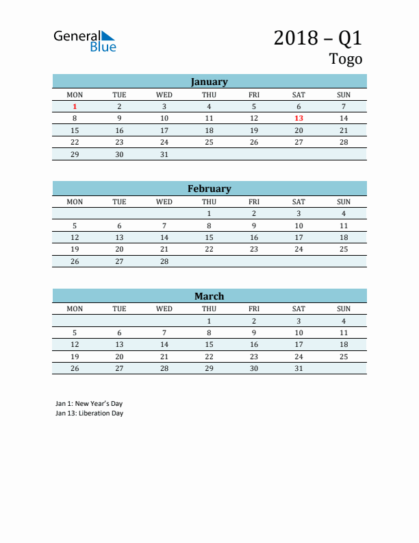 Three-Month Planner for Q1 2018 with Holidays - Togo
