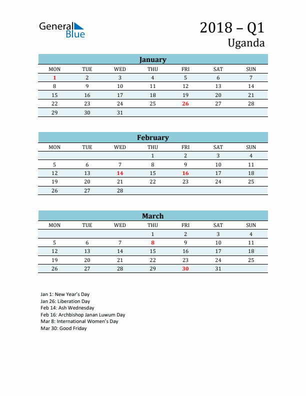 Three-Month Planner for Q1 2018 with Holidays - Uganda