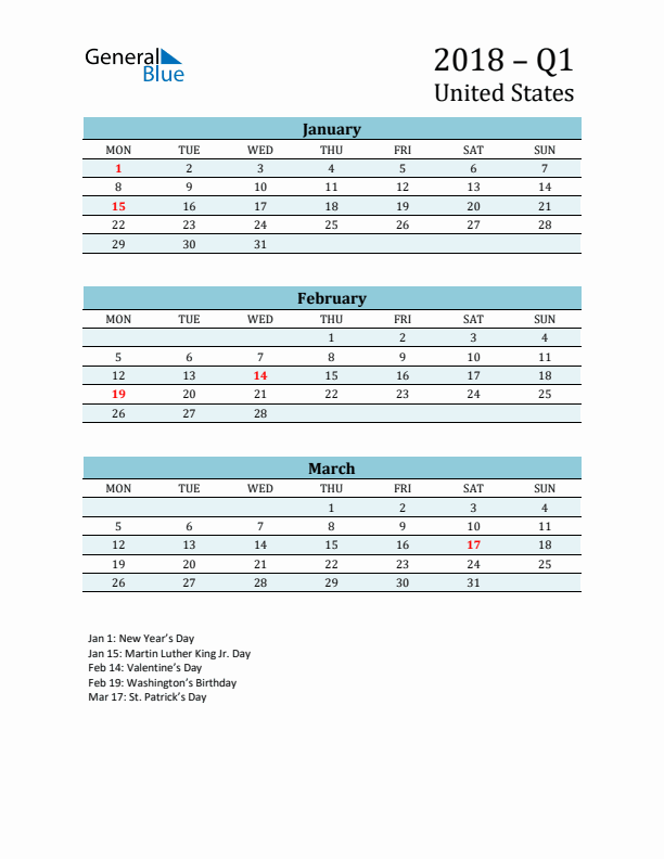 Three-Month Planner for Q1 2018 with Holidays - United States