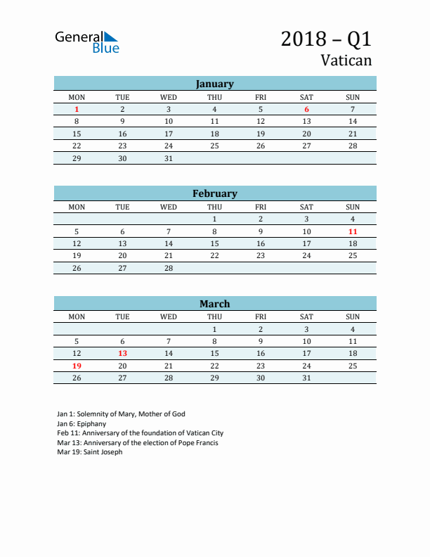 Three-Month Planner for Q1 2018 with Holidays - Vatican