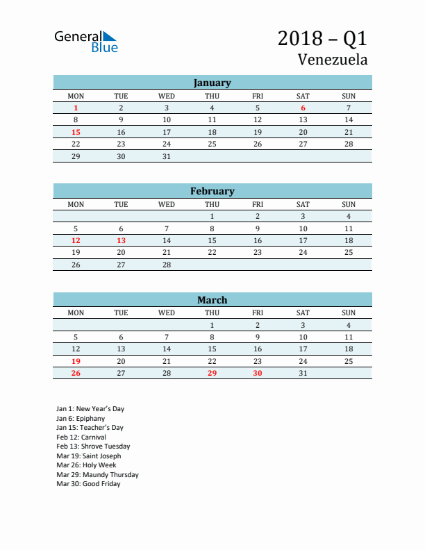 Three-Month Planner for Q1 2018 with Holidays - Venezuela