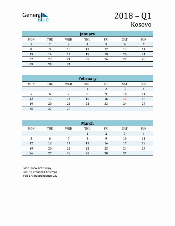 Three-Month Planner for Q1 2018 with Holidays - Kosovo