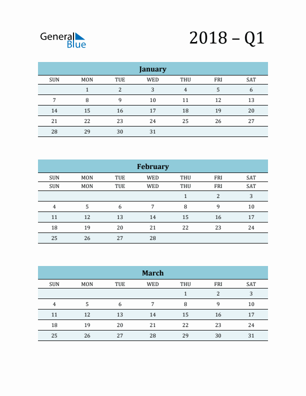 January, February, and March 2018 Calendar
