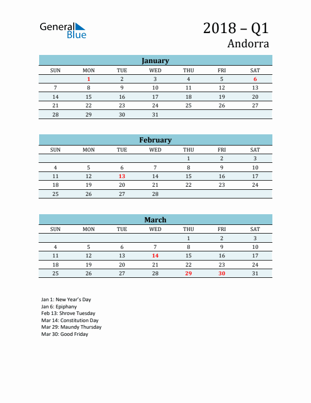 Three-Month Planner for Q1 2018 with Holidays - Andorra